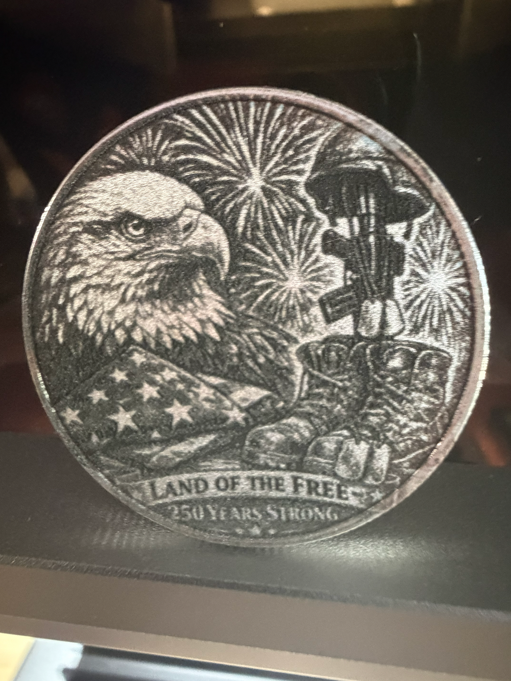  Hand laser-engraved 40mm alloy coin featuring a bald eagle and patriotic design. Made in-house with precision. Perfect collectible or gift