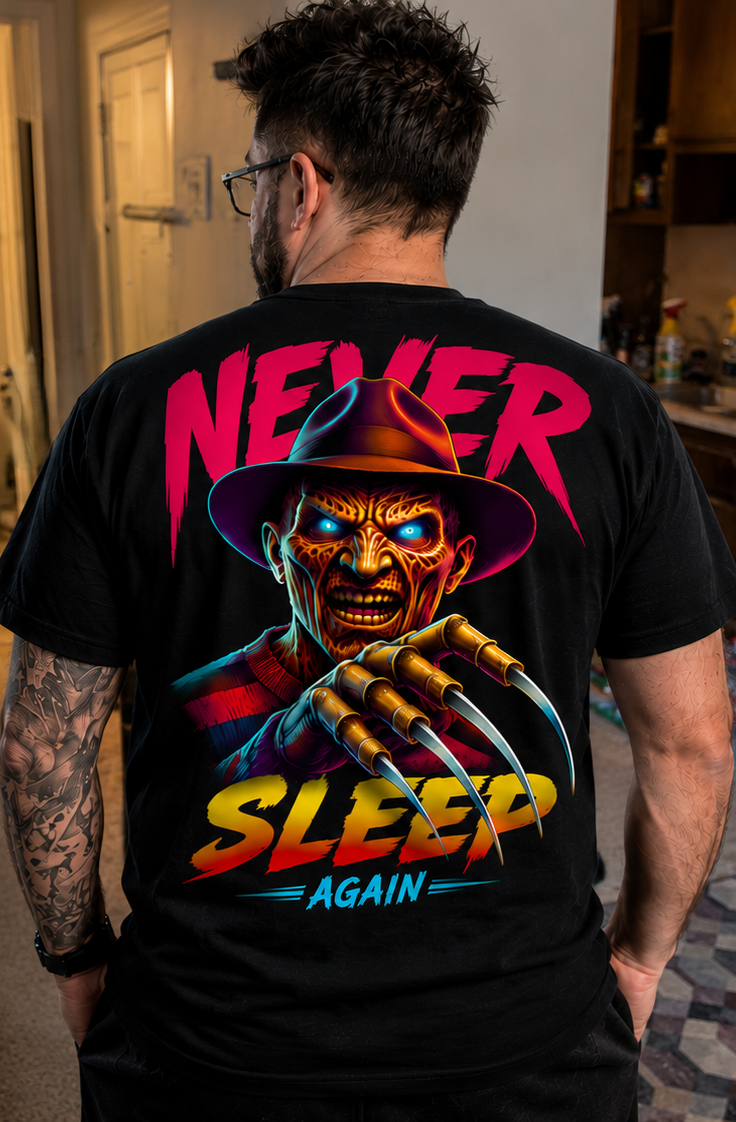  Bold horror graphic tee featuring the Never Sleep Again design. Premium DTG print on black cotton. Printed in-house by ShadowFax Custom Creations.