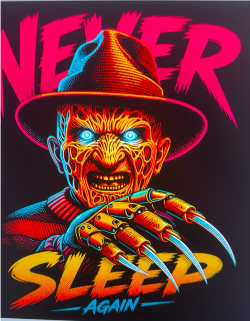  Bold horror graphic tee featuring the Never Sleep Again design. Premium DTG print on black cotton. Printed in-house by ShadowFax Custom Creations.