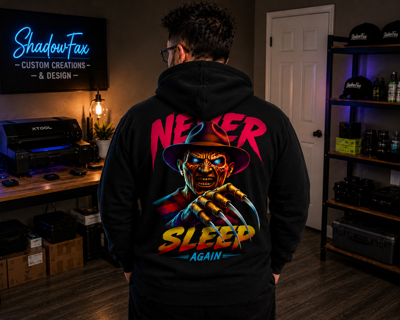  Bold horror graphic tee featuring the Never Sleep Again design. Premium DTG print on black cotton. Printed in-house by ShadowFax Custom Creations.