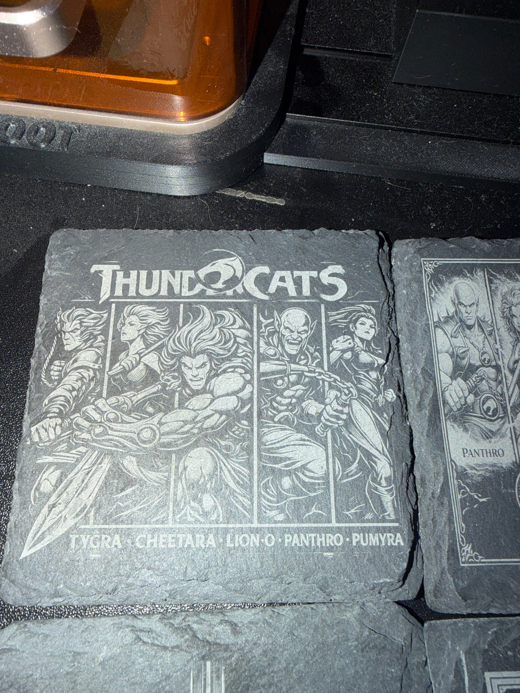 "Custom laser-engraved slate coaster with Thundercat's themed coasters — ShadowFax Custom Creations, personalized laser engraved slate gifts"