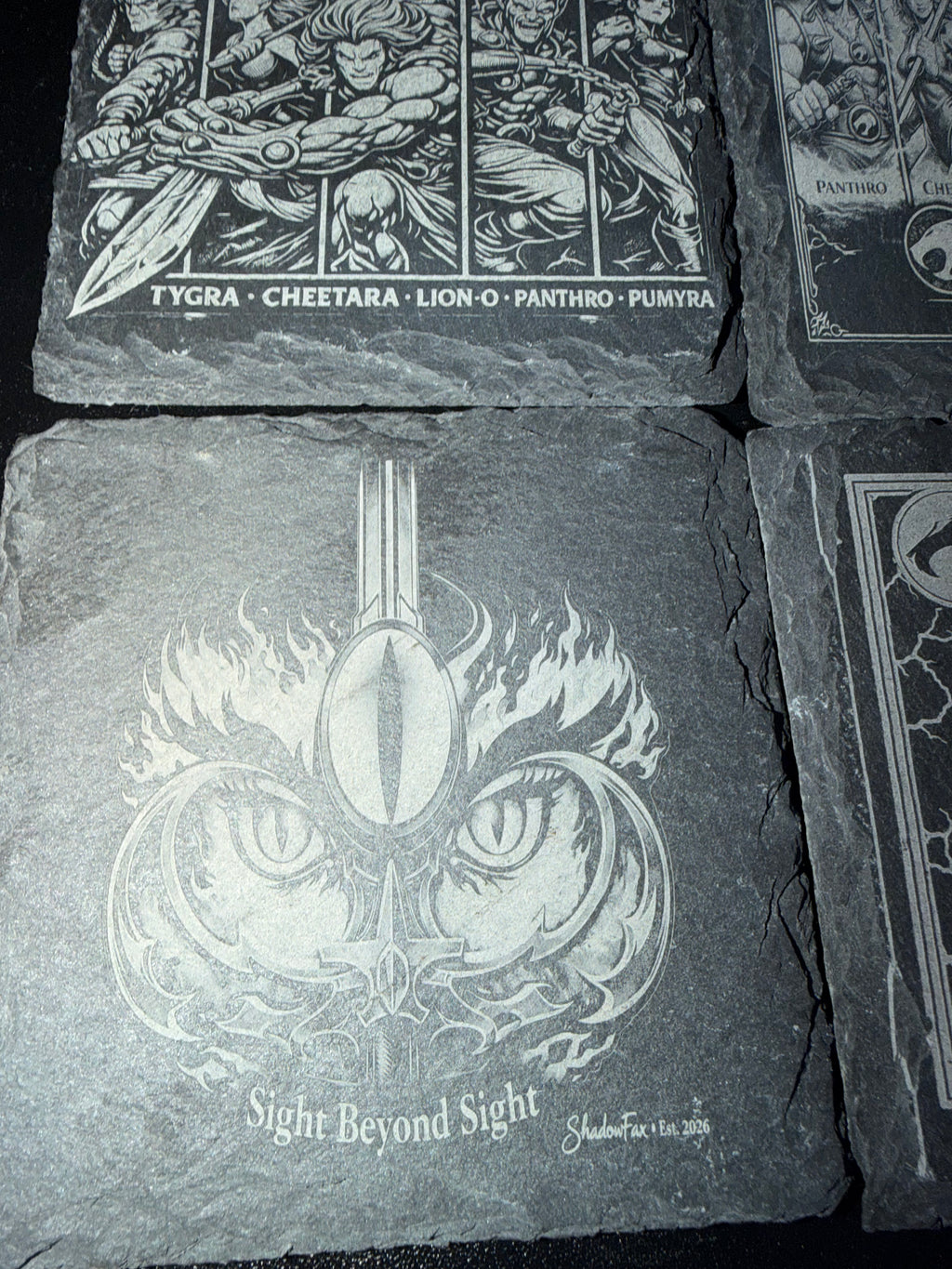 "Custom laser-engraved slate coaster with Thundercat's themed coasters — ShadowFax Custom Creations, personalized laser engraved slate gifts"
