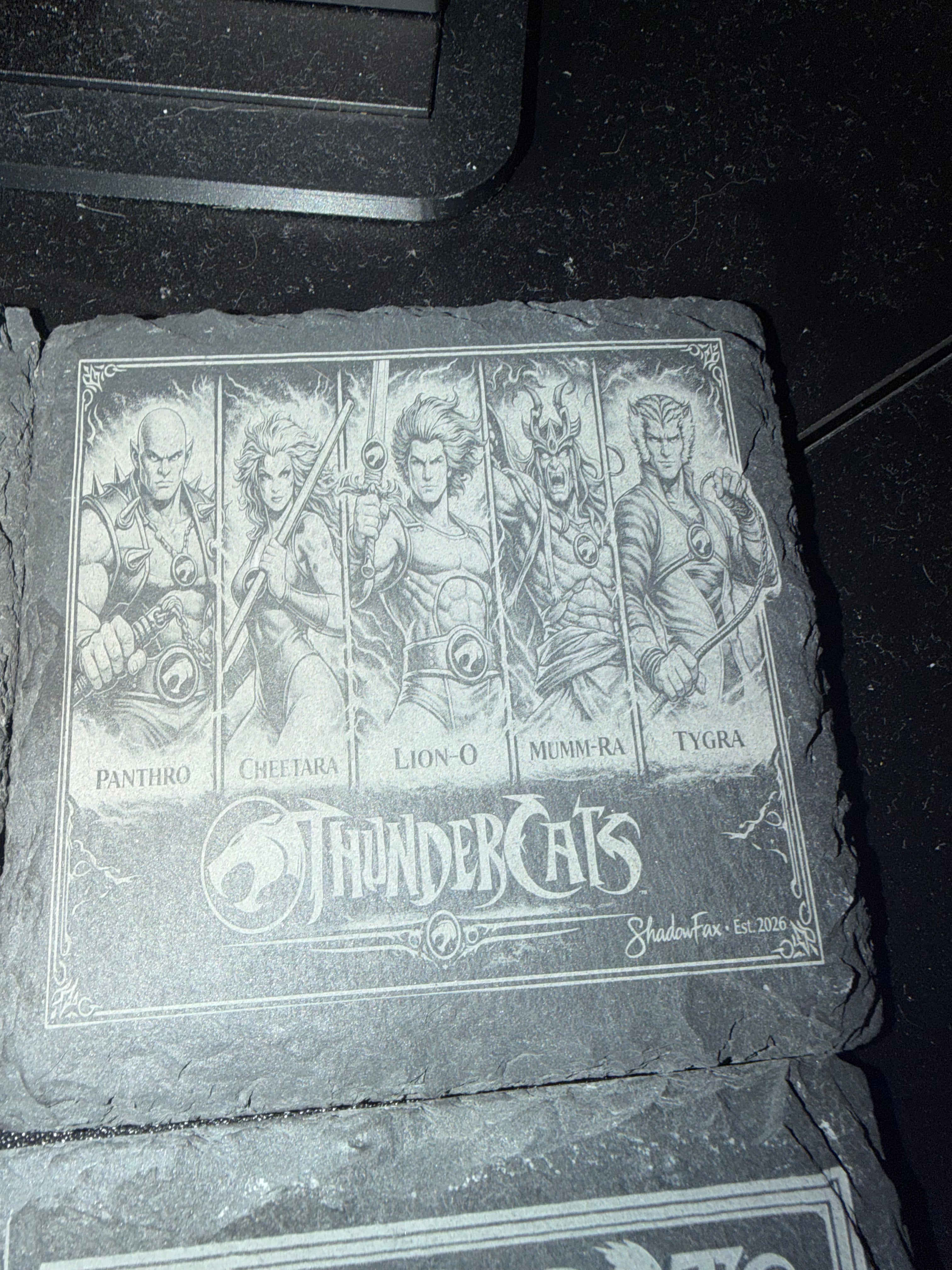 "Custom laser-engraved slate coaster with Thundercat's themed coasters — ShadowFax Custom Creations, personalized laser engraved slate gifts"
