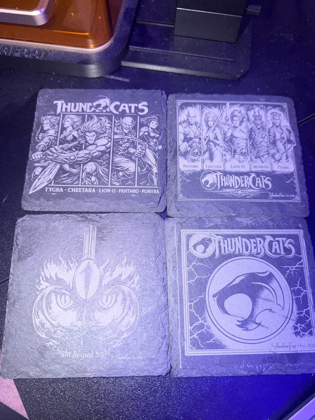 "Custom laser-engraved slate coaster with Thundercat's themed coasters — ShadowFax Custom Creations, personalized laser engraved slate gifts"