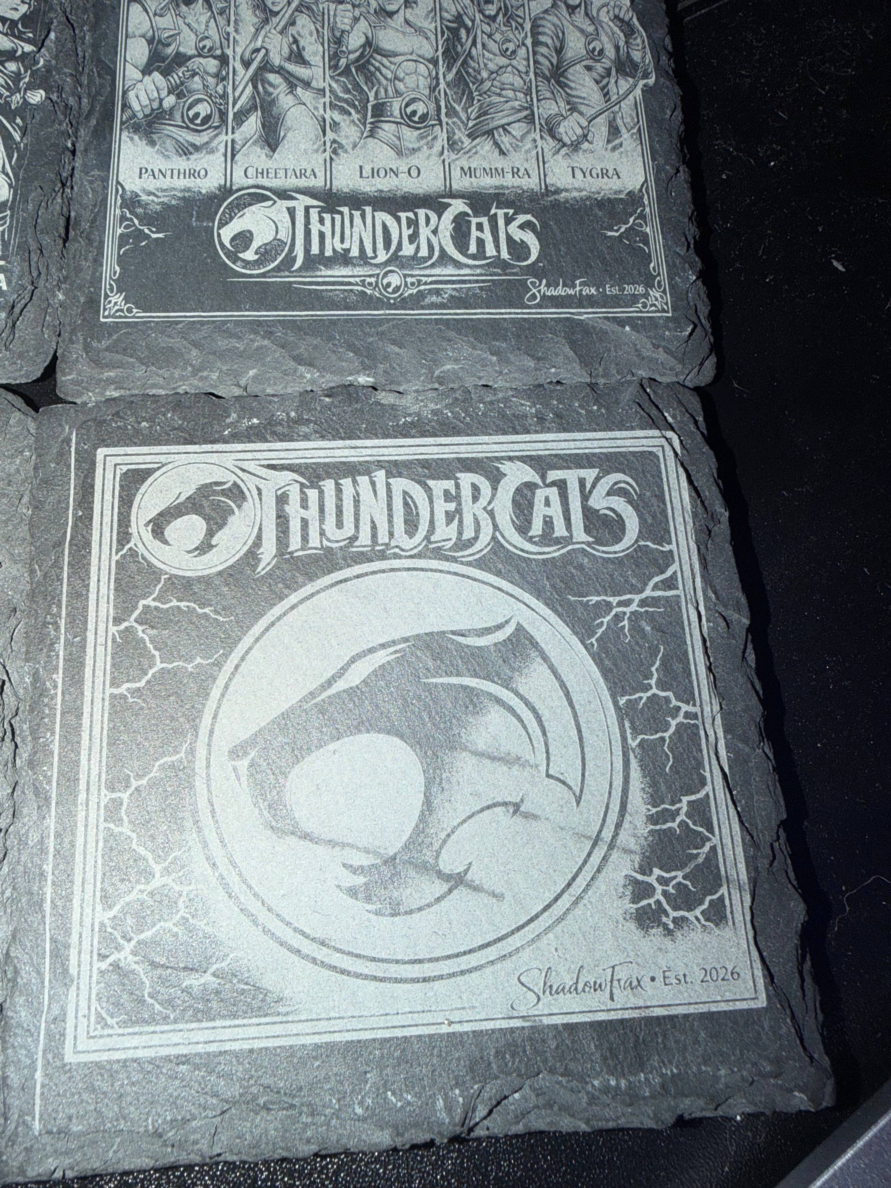 "Custom laser-engraved slate coaster with Thundercat's themed coasters — ShadowFax Custom Creations, personalized laser engraved slate gifts"