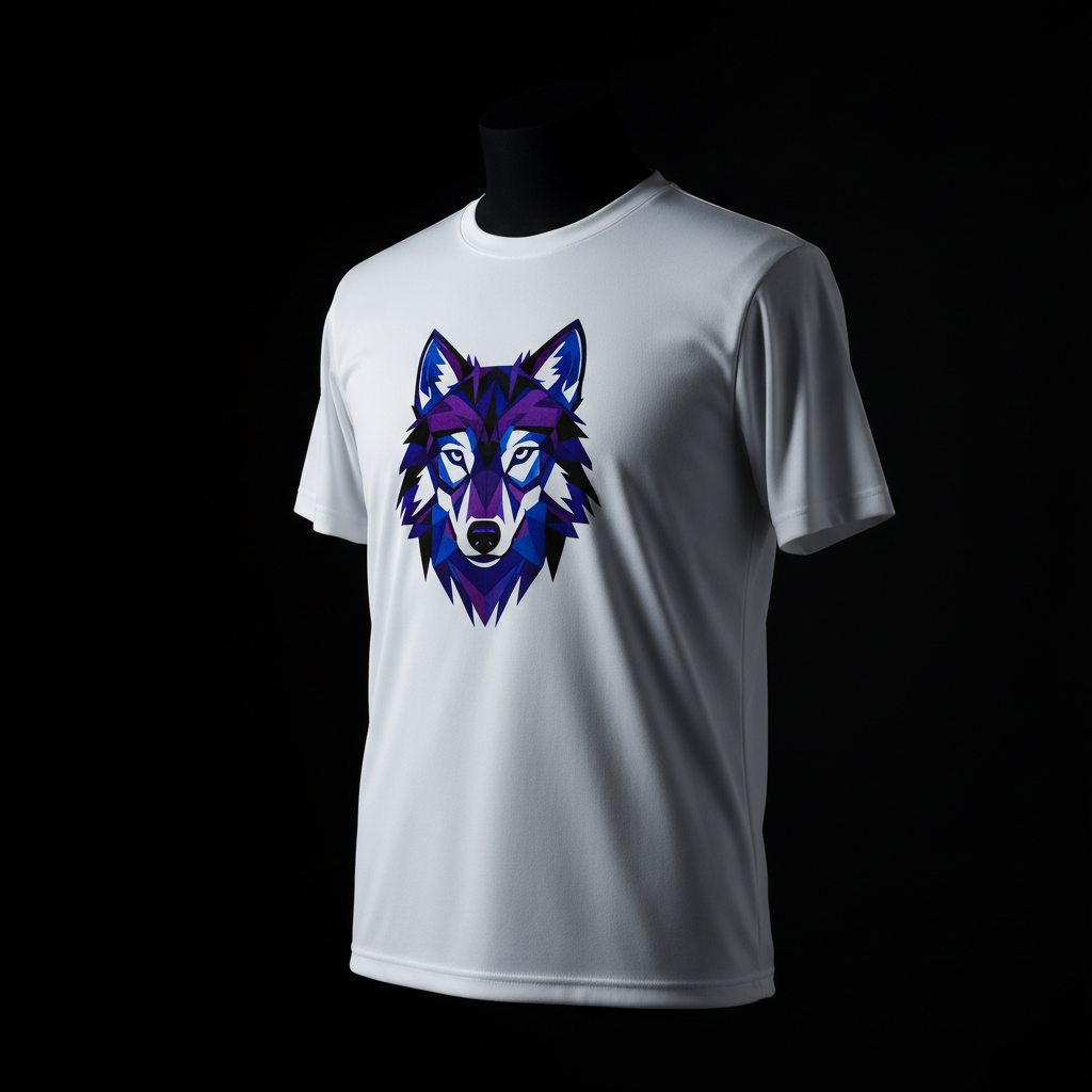 "Custom Cricut infusible ink t-shirt with vibrant geometric wolf design permanently fused into white polyester fabric — ShadowFax Custom Creations, premium infusible ink custom apparel"