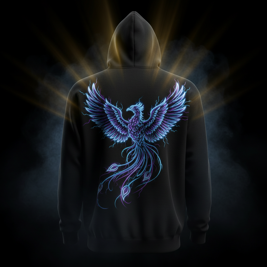 "Custom DTF printed black hoodie back view with full glowing neon phoenix graphic — ShadowFax Custom Creations"