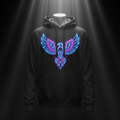 "Custom DTF printed black hoodie front view with glowing neon phoenix chest design — ShadowFax Custom Creations