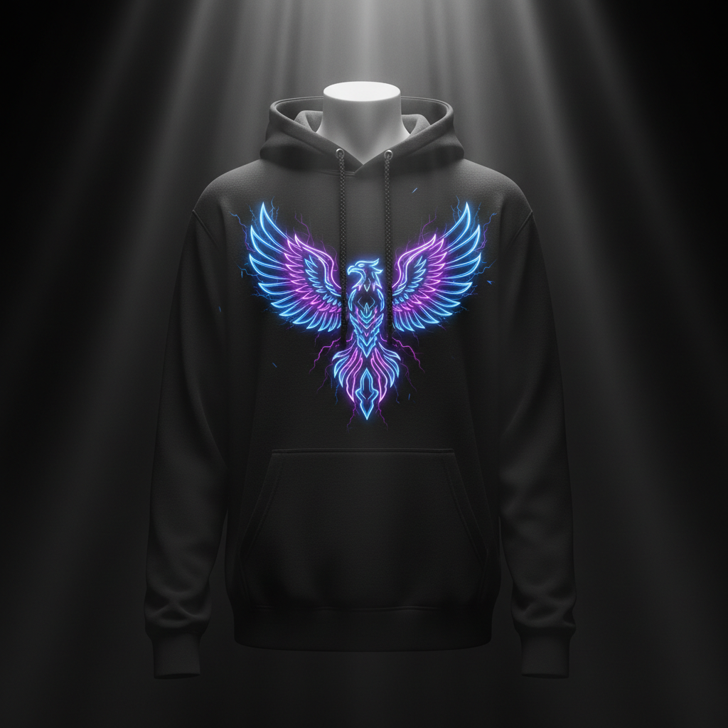 "Custom DTF printed black hoodie front view with glowing neon phoenix chest design — ShadowFax Custom Creations