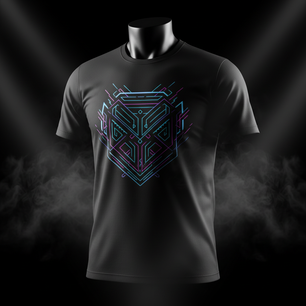 "Custom DTF printed polyester t-shirt with glowing neon graphic design — ShadowFax Custom Creations, premium custom printed polyester apparel"