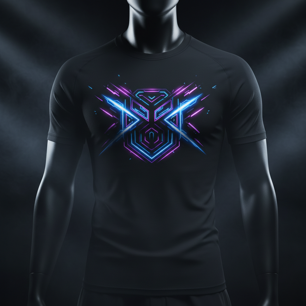 Custom DTF printed stretch crewneck shirt with glowing neon graphic design — ShadowFax Custom Creations, premium custom printed stretch performance apparel