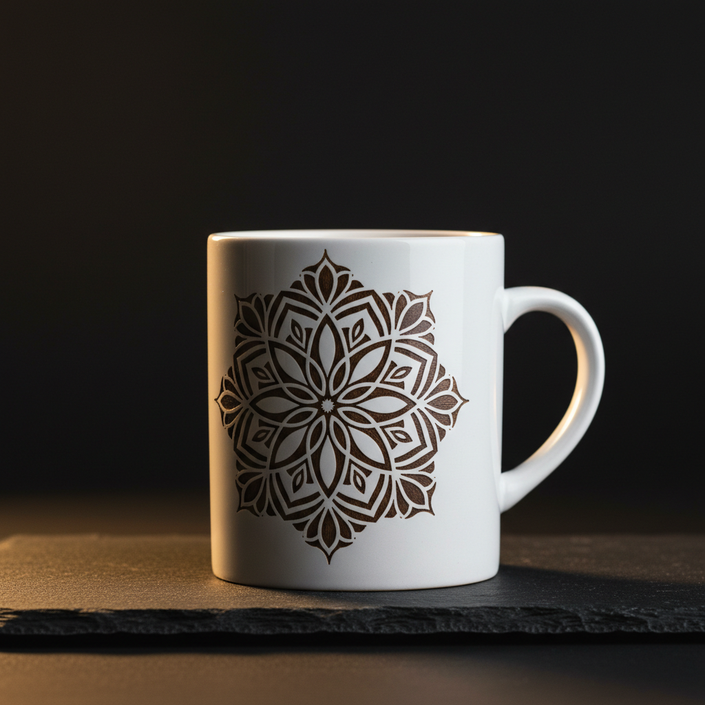 "Custom laser-engraved white ceramic mug with precision etched design — ShadowFax Custom Creations, personalized laser engraved ceramic gifts