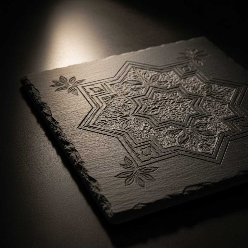 "Custom laser-engraved dark grey slate tile with precision etched design — ShadowFax Custom Creations, personalized laser engraved slate gifts"