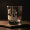 "Custom laser-engraved crystal whiskey glass with precision etched design — ShadowFax Custom Creations, personalized engraved glassware gifts"