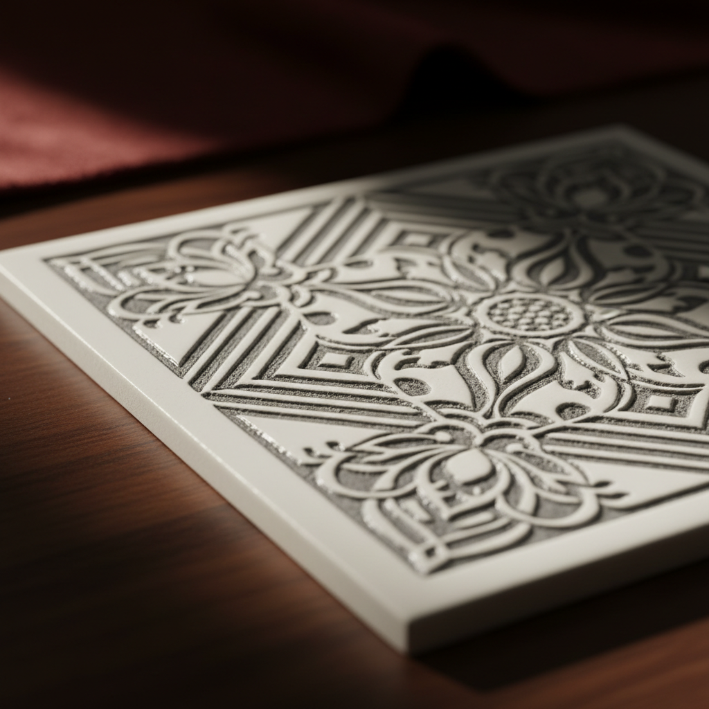 "Custom laser-engraved white ceramic tile with precision etched design — ShadowFax Custom Creations, personalized laser engraved ceramic gifts"