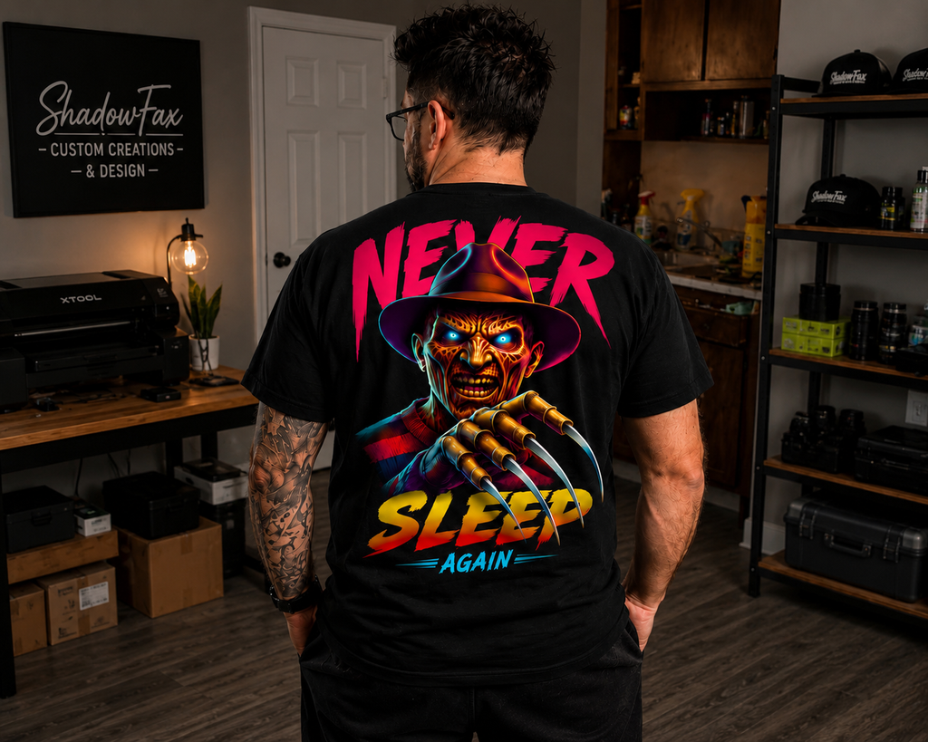  Bold horror graphic tee featuring the Never Sleep Again design. Premium DTG print on black cotton. Printed in-house by ShadowFax Custom Creations.